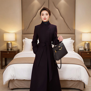 秋冬中长款女正肩袖毛呢外套收腰气质呢羊毛大衣时尚显瘦修身女装