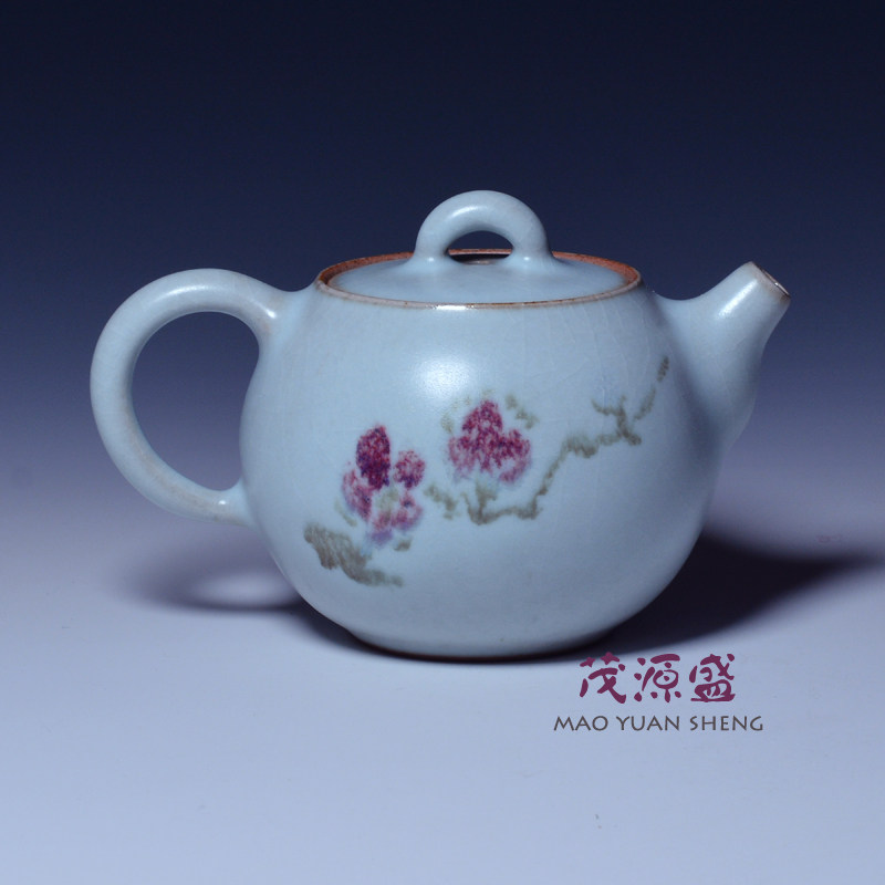 台湾张书曜陶瓷中式素面天青汝窑开片纯手工手绘梅花荷花茶壶多款