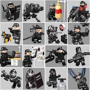 沃马积木人仔警察军事特种兵小人消防特战队儿童拼装士兵礼物玩具