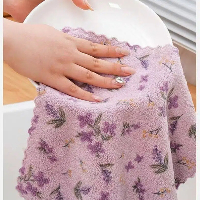 珊瑚绒加厚印花抹布厨房清洁布紫色花朵吸水不掉毛量贩装