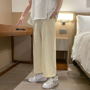 ins夏季棉麻裤男坠感阔腿裤复古裤脚抽绳哈伦休闲裤KM02-P35图片