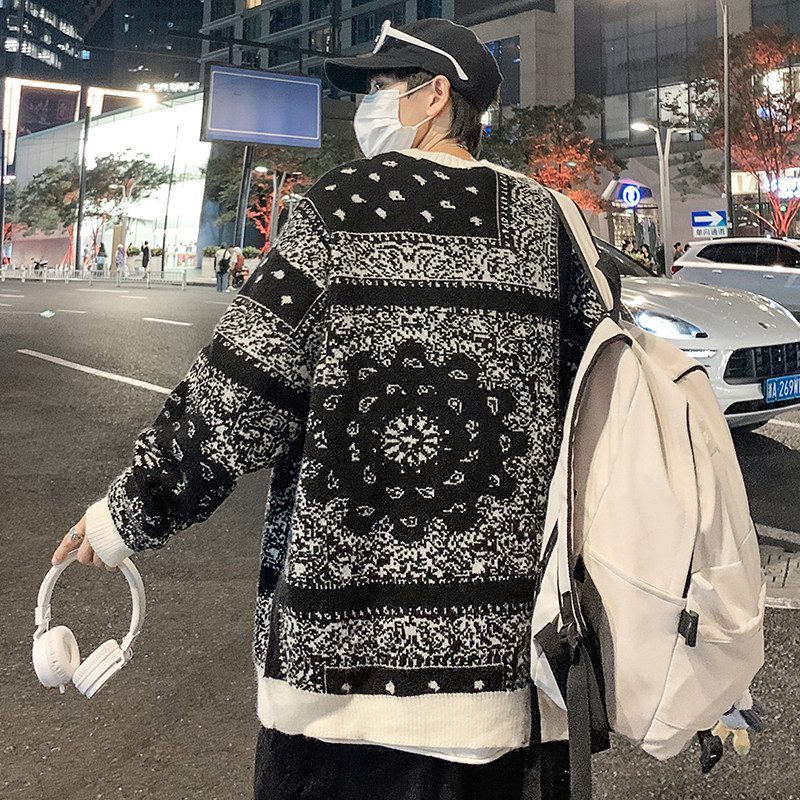 秋季2023新款开衫毛衣男腰果花宽松韩版慵懒风针织衫外套M004-P45,男装针织衫/毛衣,星座308B-1
