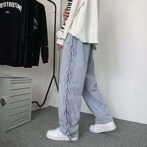 美式炸街牛仔裤秋新款阔腿烟管长裤设计感绑带嘻哈潮N088-P55图片