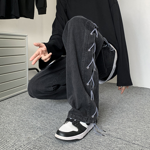美式炸街牛仔裤秋新款阔腿烟管长裤设计感绑带嘻哈潮N088-P55图片