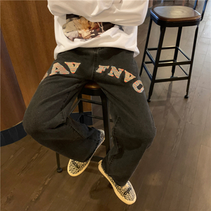 美式街头牛仔裤男春秋宽松直筒长裤hiphop潮牌高街裤子N01824-P45图片