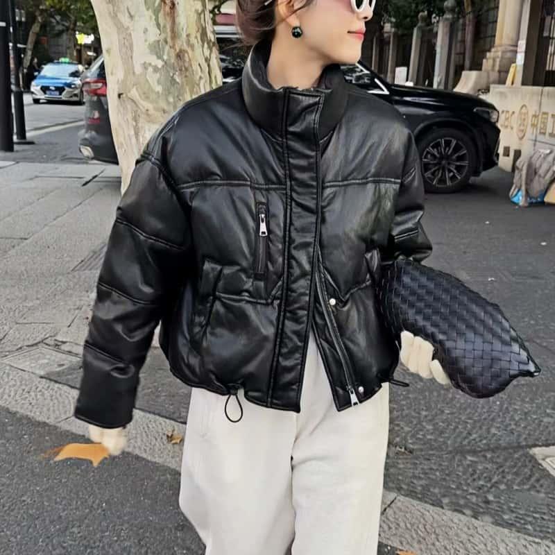 2025冬季新款宽松PU蛋白皮衣羽绒服女短款加厚保暖90白鸭绒外套潮