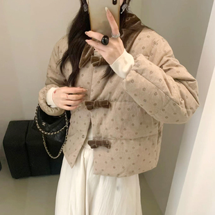 韩系甜美丝绒娃娃领碎花羽绒服女2025冬季款减龄蝴蝶结白鸭绒外套