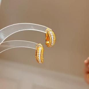 vintage中古风滚珠边织纹雕金镶钻耳环复古极简长期主义耳扣耳钉