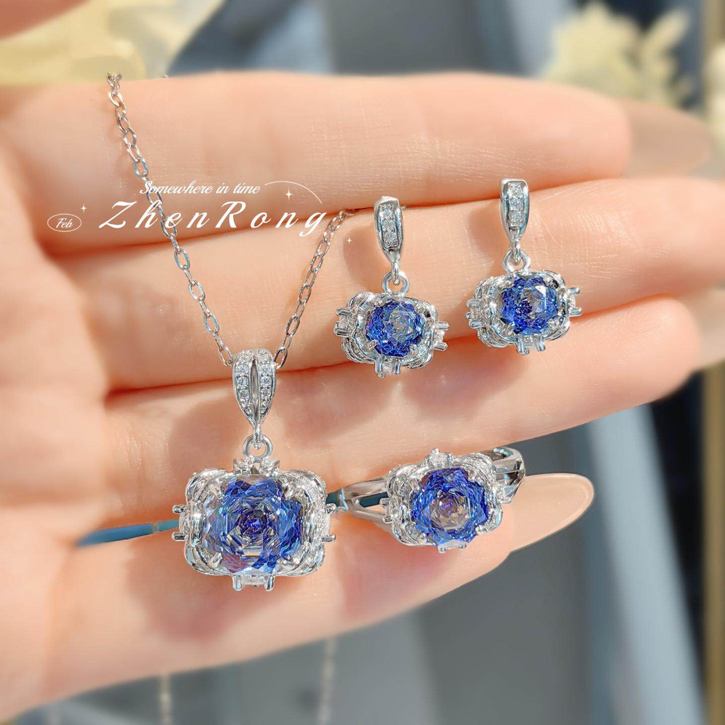 八角千禧玫瑰切坦桑蓝项链吊坠镶嵌高碳钻招财黄钻耳钉粉钻戒指女