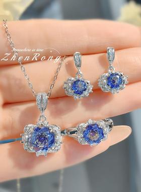 八角千禧玫瑰切坦桑蓝项链吊坠