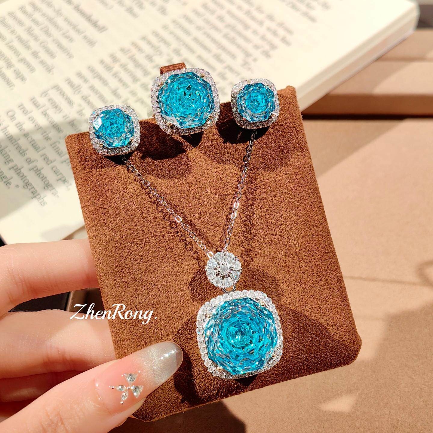 双色金八角千禧玫瑰切海蓝钻项链玫红吊坠高碳钻碧玺耳钉彩宝戒指