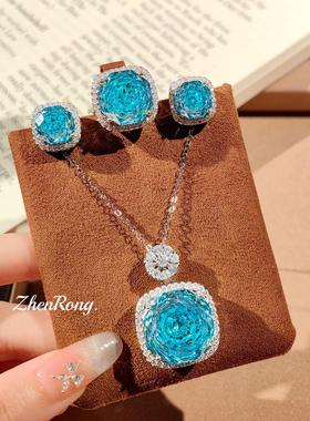 双色金八角千禧玫瑰切海蓝钻项链