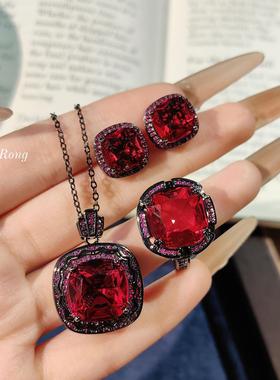 欧美暗黑系鸽血红红刚玉套装个性