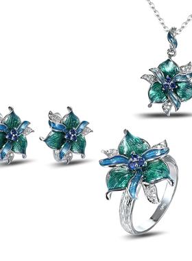 臻荣热卖绿色珐琅彩花朵戒指项链