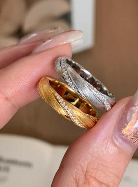 中古风拉丝旋转麻花镶钻戒指女