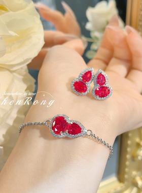 高级感红刚玉葫芦耳钉气质高碳钻