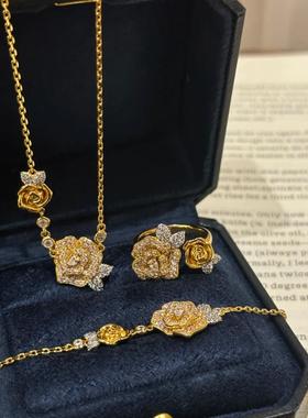 法式复古满钻双生玫瑰花项链女