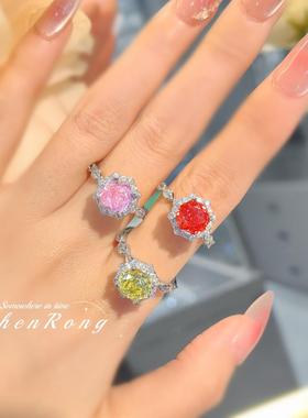 时尚轻奢八角玫瑰切粉钻戒指简约