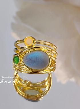 臻荣镀镀黄金镶嵌七彩月光石戒指