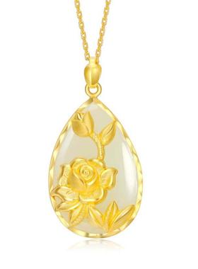 古法传承镀黄金莲花项链和田玉