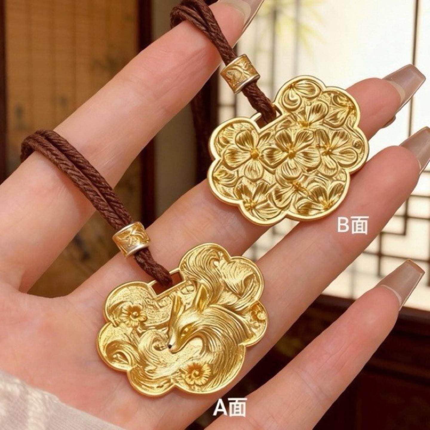 原创黄金色「桃狸」实心桃花长款毛衣链狐狸项链吊坠配饰女士饰品