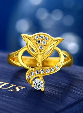 纯黄铜镀黄金戒指女狐狸镶嵌开口