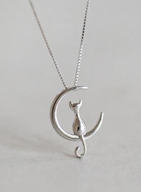 韩版创意镀925银月亮猫咪项链女