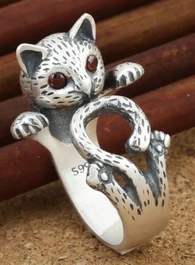 中国风饰品复古红眼睛招财猫泰银