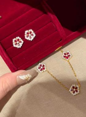 新中式中国风红牡丹项链真金电镀