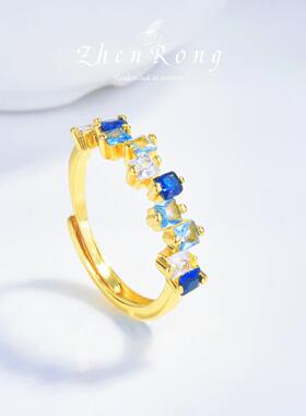 糖果系柔蓝戒指 彩虹系列镀18K金镶嵌彩色蓝宝石女轻奢排戒尾戒