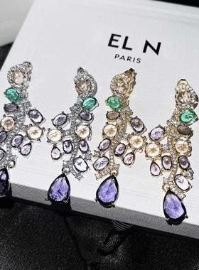 优雅奢华多彩紫色耳环长款宴会礼服气质耳坠耳钉耳饰品女