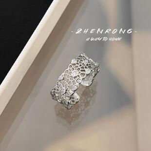 意大利织纹雕金珠罗纱工艺蕾丝蜂巢戒指宫廷复古风镶钻活口指环女