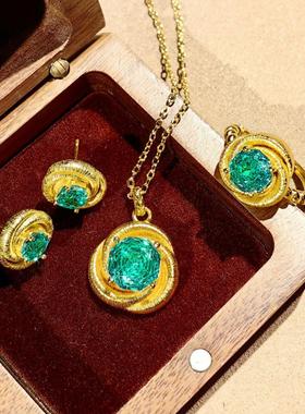 复古拉丝八角玫瑰切帕拉伊巴项链