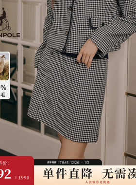 BEANPOLE滨波 女士黑色千鸟格纹小香风A字羊毛半身裙