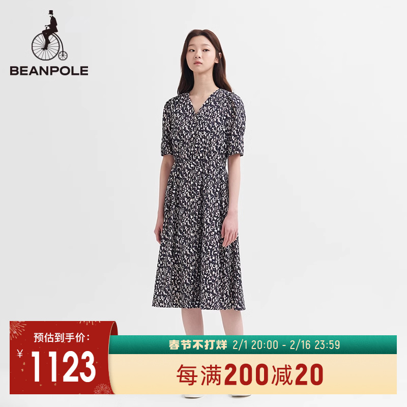 BEANPOLE滨波 夏季女士藏青色休闲V领几何图案碎花连衣裙气质裙装