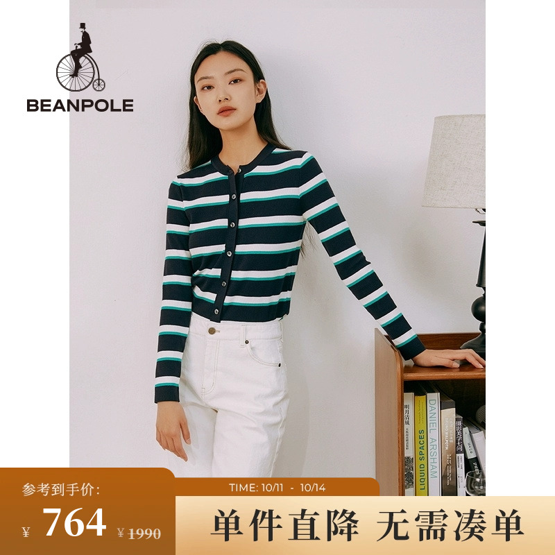 BEANPOLE滨波 秋冬女士蓝黑条纹休闲低圆领针织开衫外套