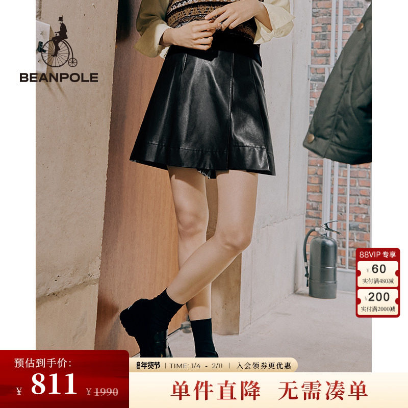 BEANPOLE滨波  女士商务休闲黑色潮酷简约皮革裙裤短裤,女装/女士精品,裙裤,淘宝优惠券,粉丝福利购,淘宝优惠卷