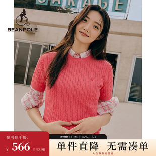 T恤 女全棉新年红麻花绞花红毛衣针织短袖 BEANPOLE滨波 新款