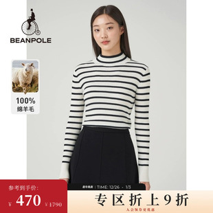 毛衣 女士条纹100%绵羊毛半高领长袖 BEANPOLE滨波 新品