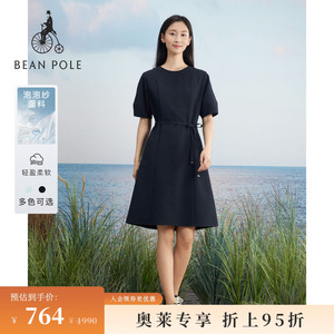 BEANPOLE滨波 女士静奢风泡泡纱收腰美拉蓝简约优雅风短袖连衣裙