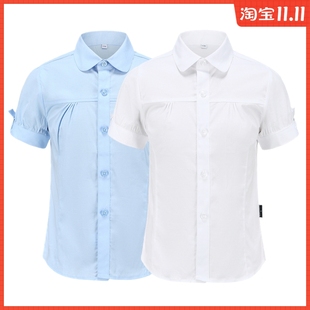女童白衬衫 儿童衬衣浅蓝色蝴蝶结公主女孩小学生演出校服纯棉 短袖