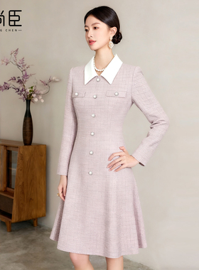 艾尚臣清冷富家千金穿搭小香风娃娃领连衣裙女通勤气质A字裙优雅