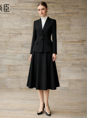 艾尚臣通勤风黑色毛呢西装套装女修身收腰呢子职业套裙气质秋冬款