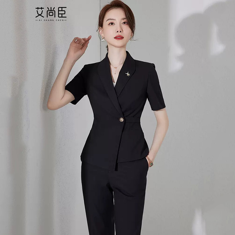艾尚臣黑色西装外套女小个子职业西服套装工作服夏季短袖职业装