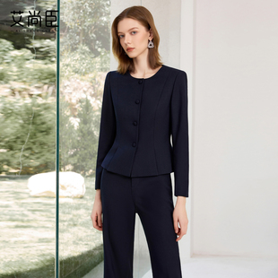 气质高端通勤面试职业装 女早秋圆领西服正装 套装 艾尚臣藏青色时尚