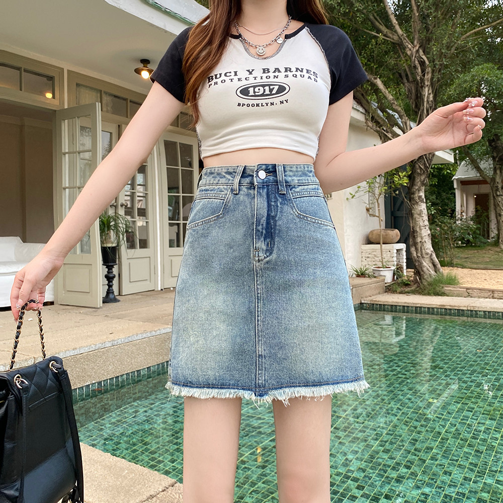 高腰牛仔包臀半身裙A字短裙显瘦辣妹胖妹显腿长复古设计潮女新款