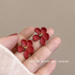 烈艳小红花蚊香盘耳夹复古法式 高级感小众银钉耳环少女感无耳洞