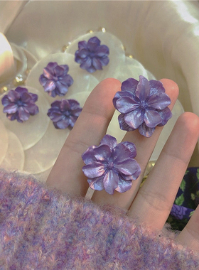 紫色花朵耳钉可爱小清新韩国气质复古港风新款耳环女蚊香盘耳夹
