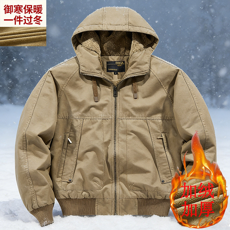 冬季中老年棉衣男工装风连帽夹克男冬季加绒加厚休闲保暖棉服外套