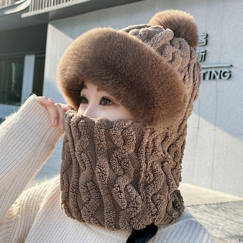 2025新款帽子女秋冬保暖围脖围巾一体防风毛绒套头帽口罩面罩骑车